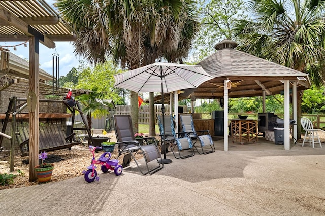 view of patio / terrace featuring a fenced backyard and a gazebo