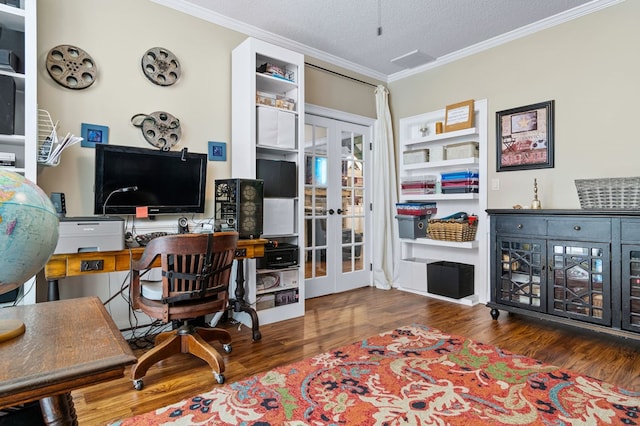 home office with french doors, wood finished floors, a textured ceiling, and ornamental molding