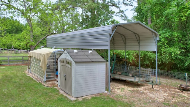 view of shed with fence