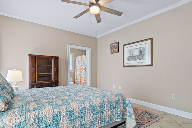 tiled bedroom with a ceiling fan, baseboards, and crown molding