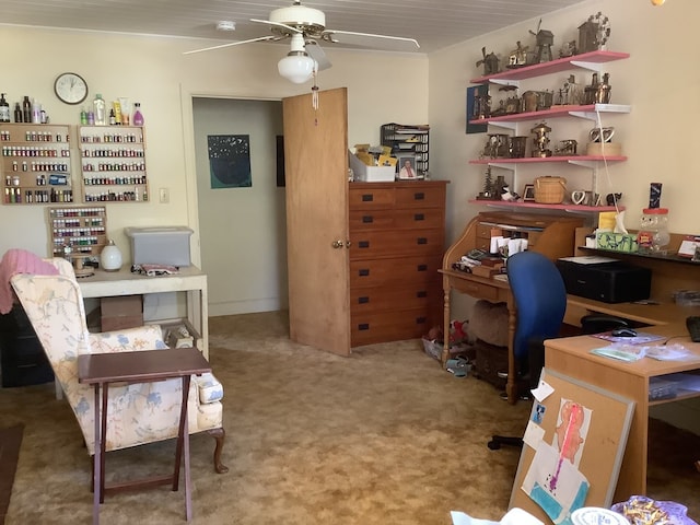 carpeted office with ceiling fan