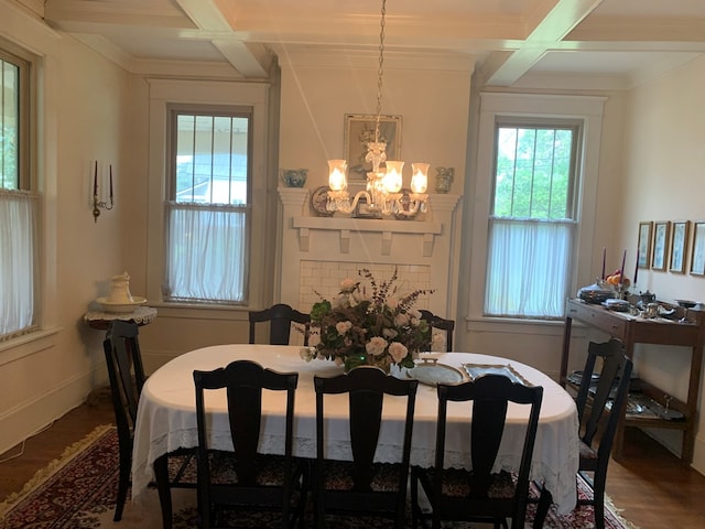 dining room with beamed ceiling, coffered ceiling, wood finished floors, and an inviting chandelier