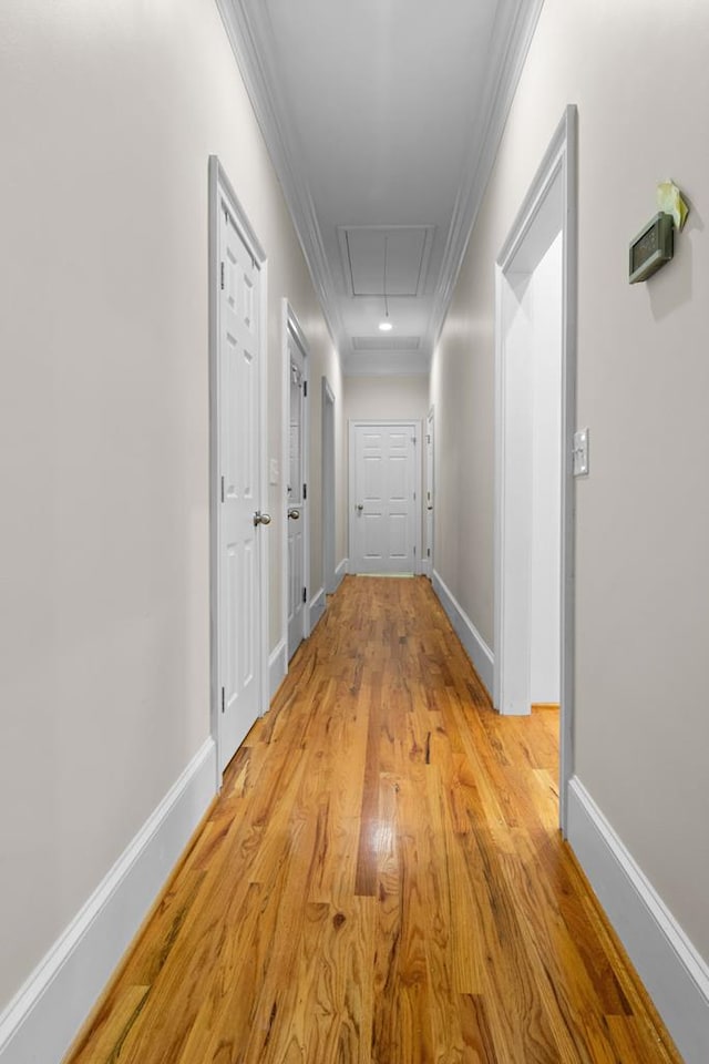 corridor featuring light hardwood / wood-style flooring and ornamental molding