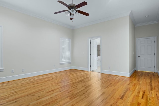 spare room with ceiling fan, light hardwood / wood-style flooring, and ornamental molding