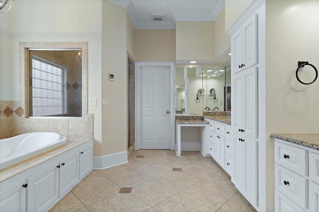 bathroom featuring vanity, independent shower and bath, tile patterned floors, and crown molding