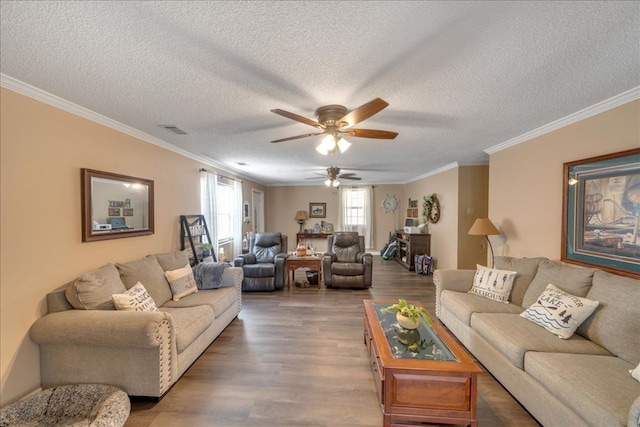 living room with dark hardwood / wood-style flooring, ornamental molding, and a textured ceiling