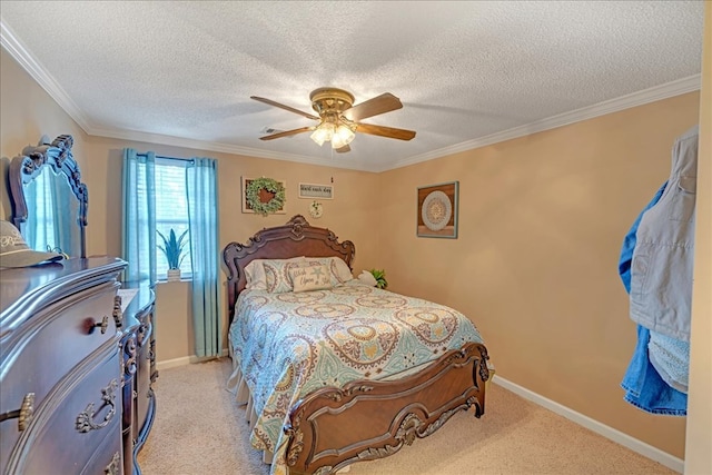 carpeted bedroom featuring crown molding, a textured ceiling, and ceiling fan