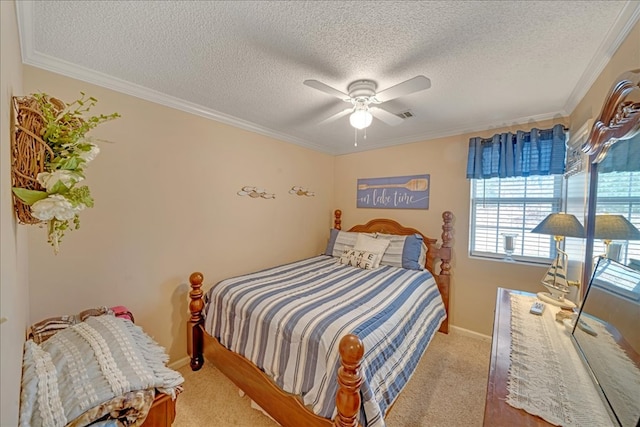 carpeted bedroom with crown molding, a textured ceiling, and ceiling fan