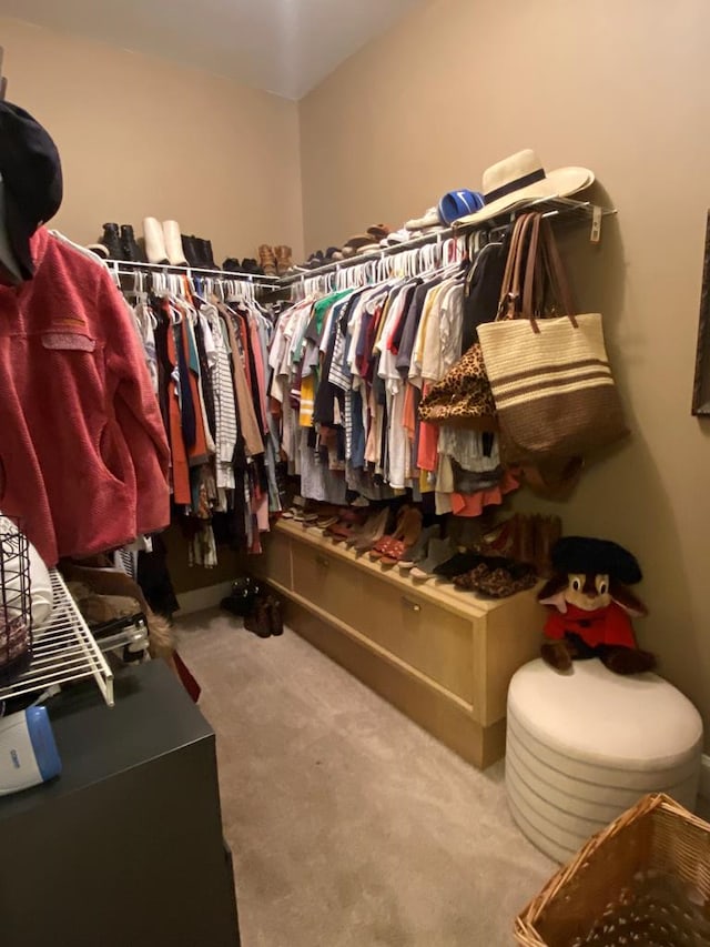 spacious closet featuring light colored carpet