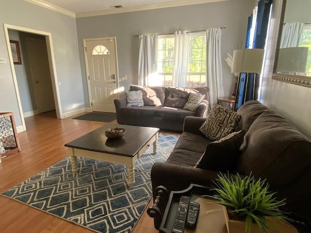 living room with wood-type flooring and crown molding