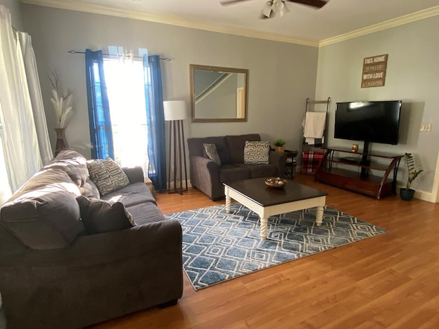 living room with hardwood / wood-style flooring, ceiling fan, and ornamental molding