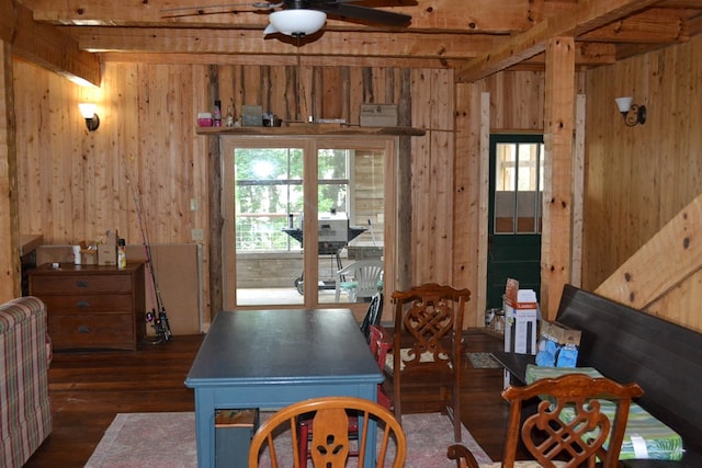 375 Flintside Dr, Cobb, GA 31735 - dining area with wood walls, wood finished floors, beam ceiling, and a ceiling fan