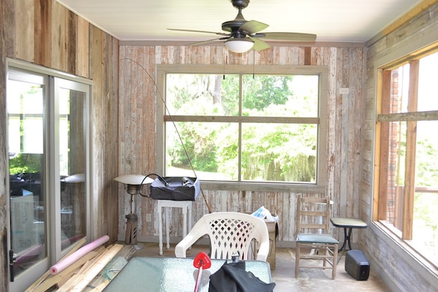 375 Flintside Dr, Cobb, GA 31735 - sunroom / solarium featuring ceiling fan and wood walls