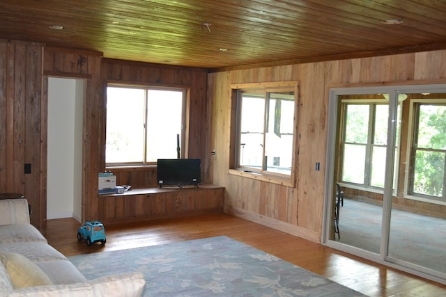 375 Flintside Dr, Cobb, GA 31735 - unfurnished living room with wood walls, light wood finished floors, baseboards, and wood ceiling