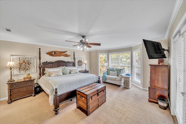 115 N Cedar Creek Rd, Cordele, GA 31015 - bedroom with ornamental molding, light carpet, and a ceiling fan