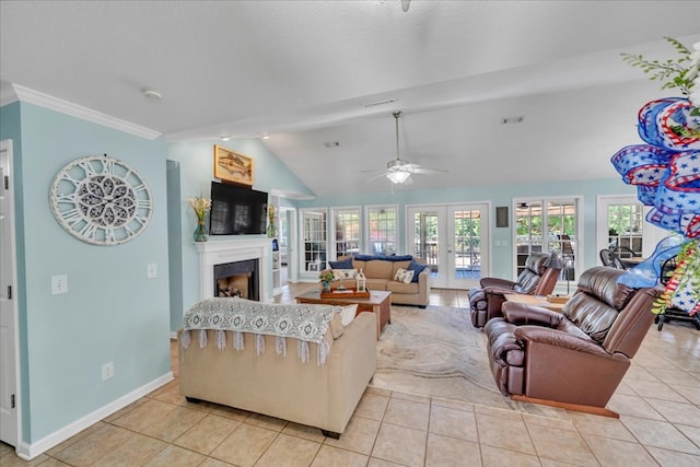 115 N Cedar Creek Rd, Cordele, GA 31015 - living room with a fireplace, lofted ceiling, plenty of natural light, light tile patterned floors, and a ceiling fan