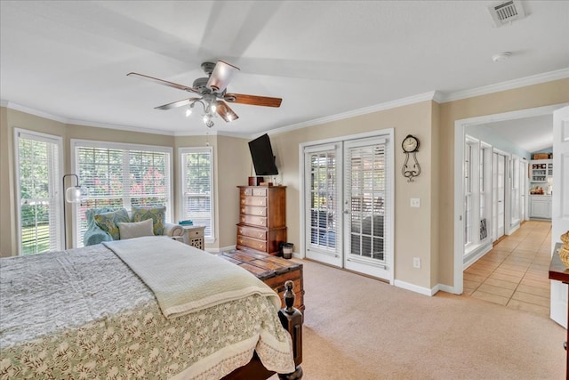 115 N Cedar Creek Rd, Cordele, GA 31015 - carpeted bedroom featuring access to outside, multiple windows, ornamental molding, and a ceiling fan