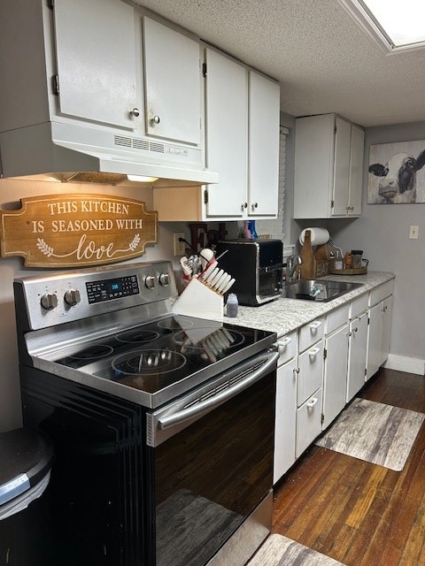 169 Wanda Rd, Cordele, GA 31015 - kitchen with stainless steel electric range oven, a sink, dark wood-type flooring, under cabinet range hood, and light countertops