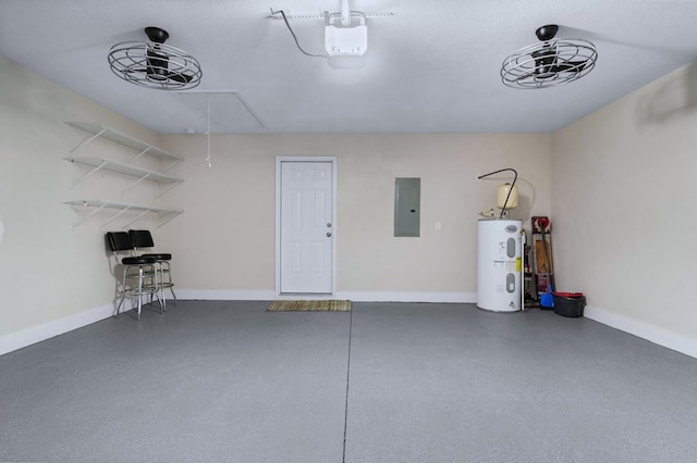 garage featuring electric panel and electric water heater