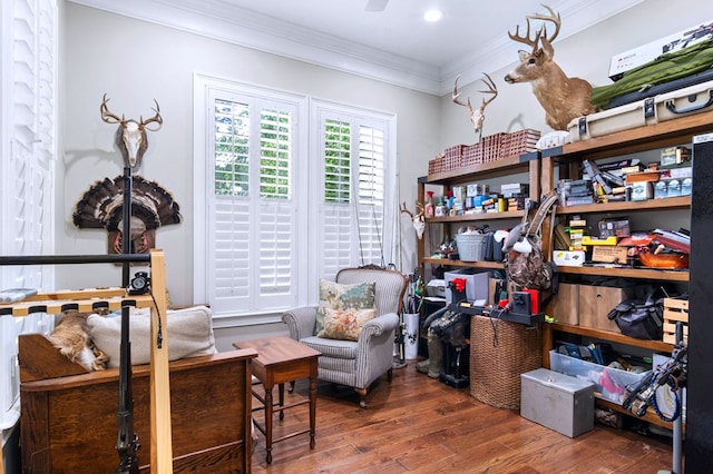 living area with crown molding and dark hardwood / wood-style flooring