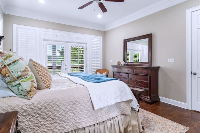 bedroom featuring crown molding, ceiling fan, access to exterior, dark hardwood / wood-style flooring, and french doors