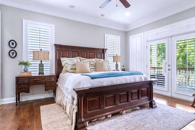 bedroom featuring ornamental molding, dark hardwood / wood-style floors, access to outside, and ceiling fan