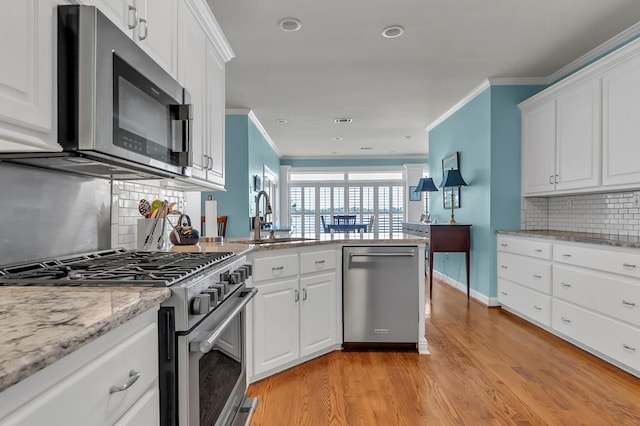 190 Scenic Rt, Cordele, GA 31015 - kitchen featuring stainless steel appliances, a sink, light wood-type flooring, crown molding, and a peninsula