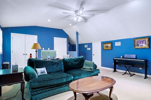 living room with lofted ceiling, baseboards, light carpet, and visible vents