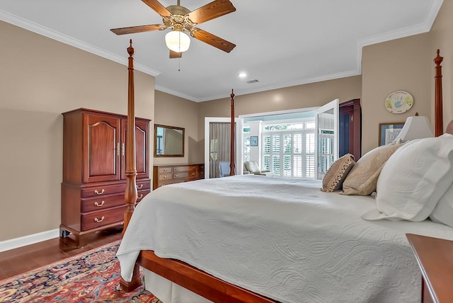 190 Scenic Rt, Cordele, GA 31015 - bedroom with dark wood-style floors, ornamental molding, baseboards, ceiling fan, and recessed lighting