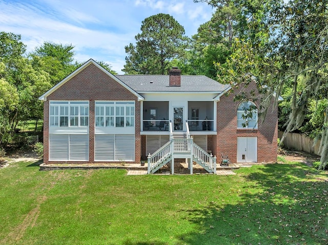 190 Scenic Rt, Cordele, GA 31015 - back of property featuring stairway, a sunroom, brick siding, and a chimney