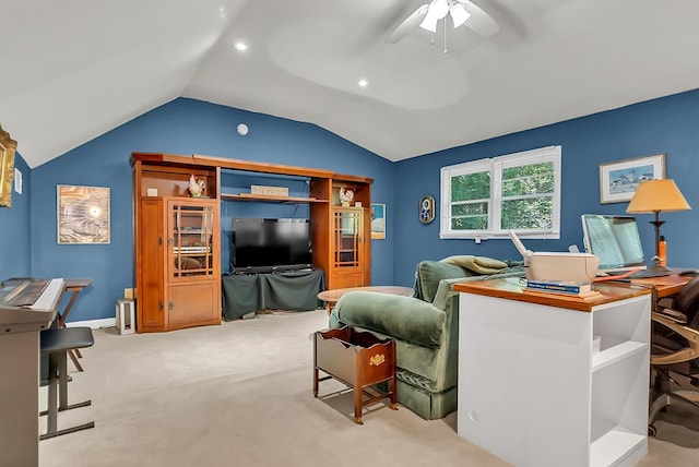 190 Scenic Rt, Cordele, GA 31015 - carpeted home office with vaulted ceiling, a ceiling fan, and recessed lighting