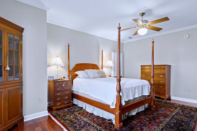 bedroom with baseboards, ornamental molding, and dark wood-style flooring