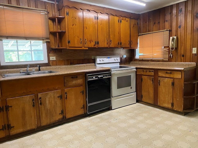 kitchen featuring white electric range oven, sink, wood walls, ornamental molding, and dishwasher