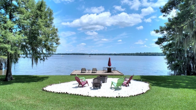 view of dock featuring a yard and a water view