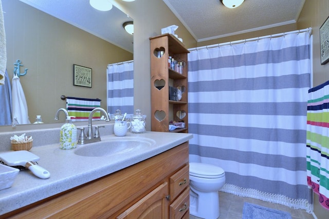 bathroom featuring toilet, a textured ceiling, vanity, and ornamental molding