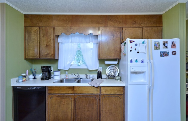 kitchen featuring sink, dishwasher, white refrigerator with ice dispenser, and ornamental molding