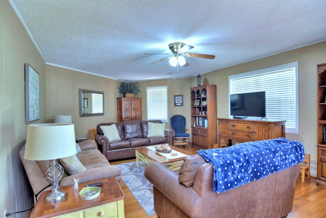 living room featuring light wood-type flooring, ceiling fan, and a textured ceiling