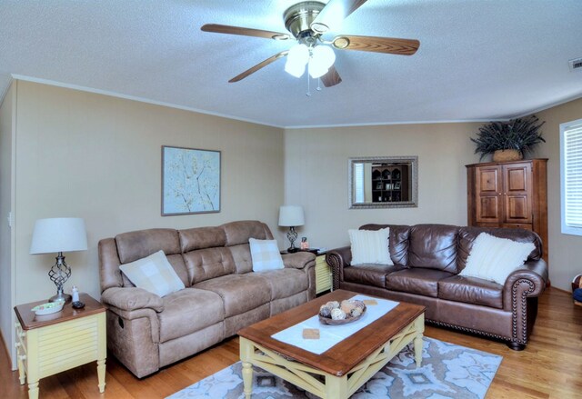 living room with light hardwood / wood-style floors, a textured ceiling, and ornamental molding