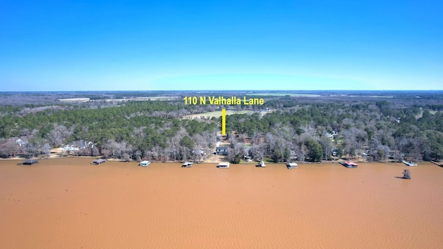 drone / aerial view featuring a water view and a wooded view