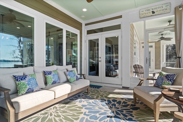 exterior space with french doors and ceiling fan