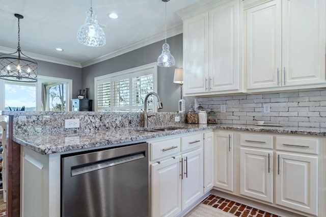 kitchen featuring a peninsula, a sink, ornamental molding, stainless steel dishwasher, and light stone countertops