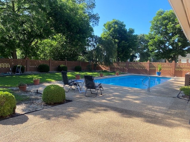 view of pool featuring a yard and a patio