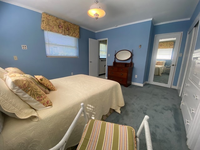 carpeted bedroom with ornamental molding