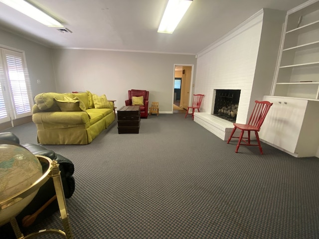 carpeted living room featuring crown molding and a fireplace