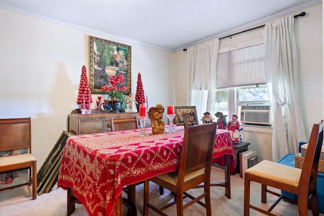 carpeted dining space featuring cooling unit and crown molding