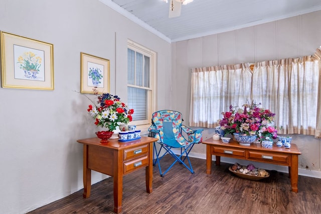 living area featuring ceiling fan, ornamental molding, and dark hardwood / wood-style flooring