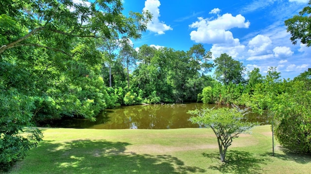 view of community with a lawn and a water view