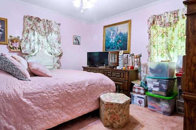 carpeted bedroom featuring ornamental molding