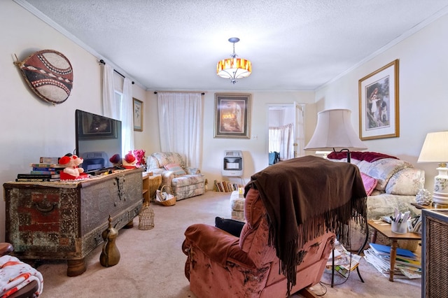 carpeted bedroom featuring ornamental molding, heating unit, and a textured ceiling