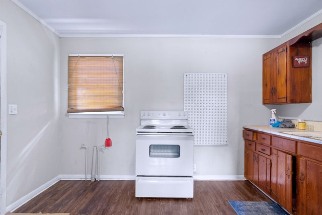 kitchen with crown molding, dark hardwood / wood-style floors, and white range with electric cooktop